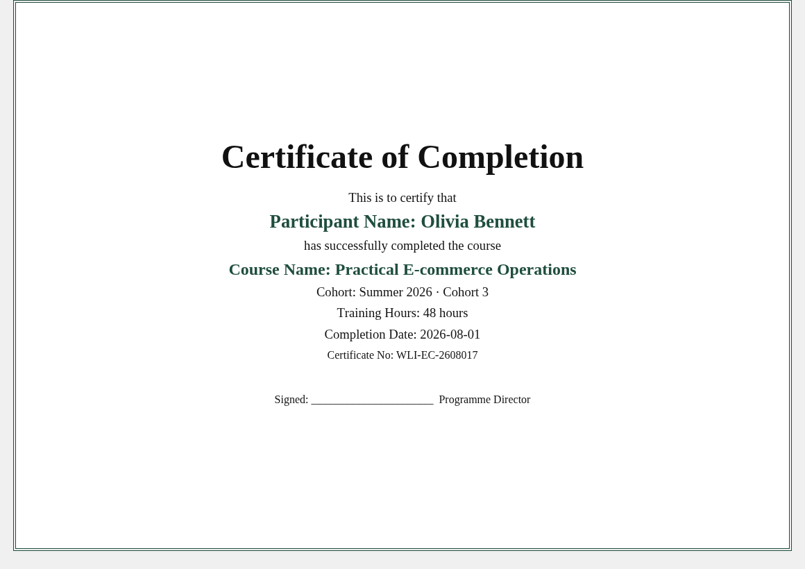 A finished certificate for Olivia Bennett