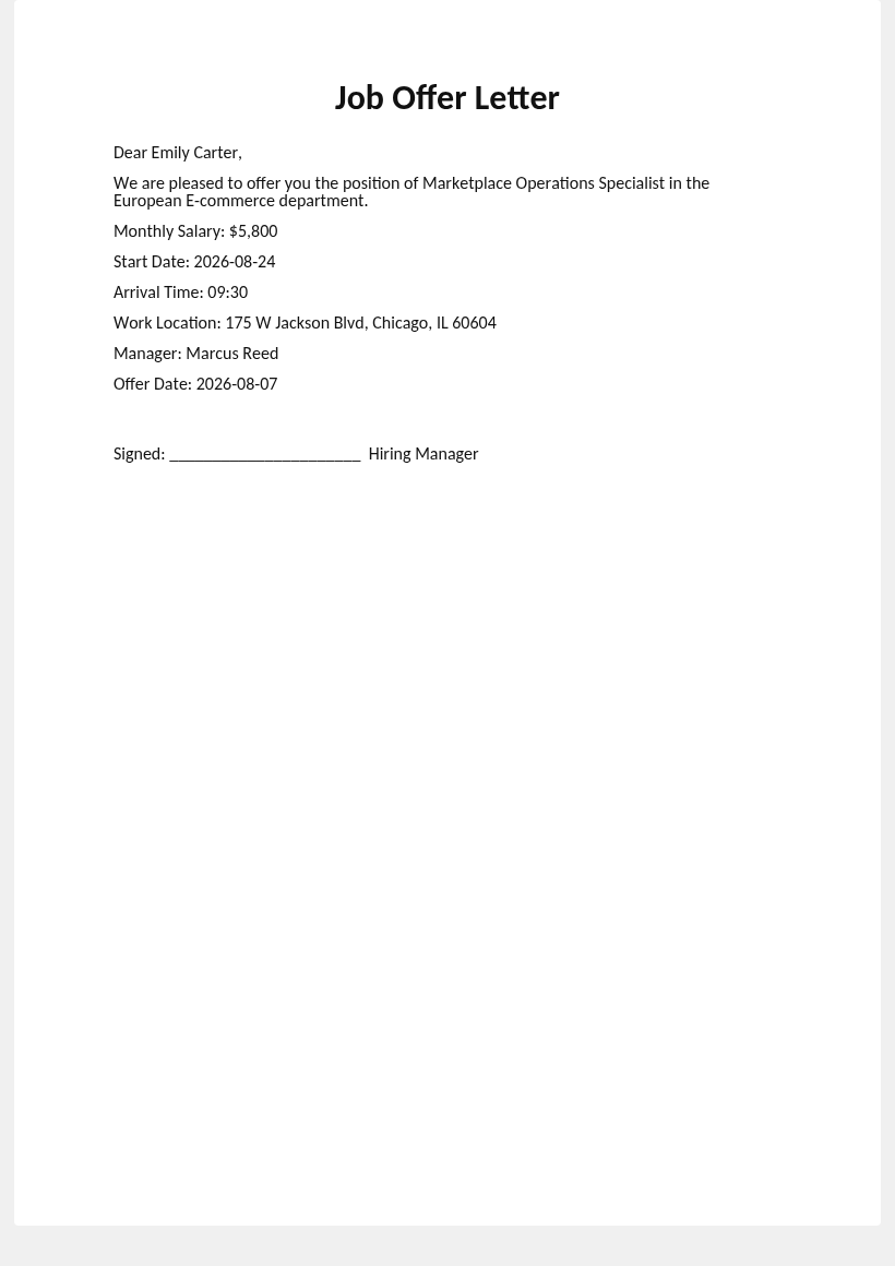 A finished job offer letter for one candidate