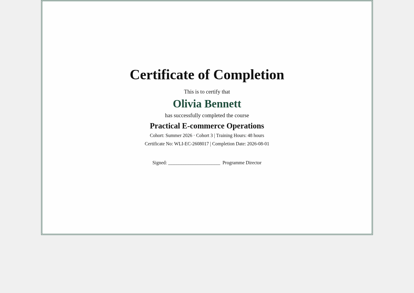 A finished certificate filled in for one participant