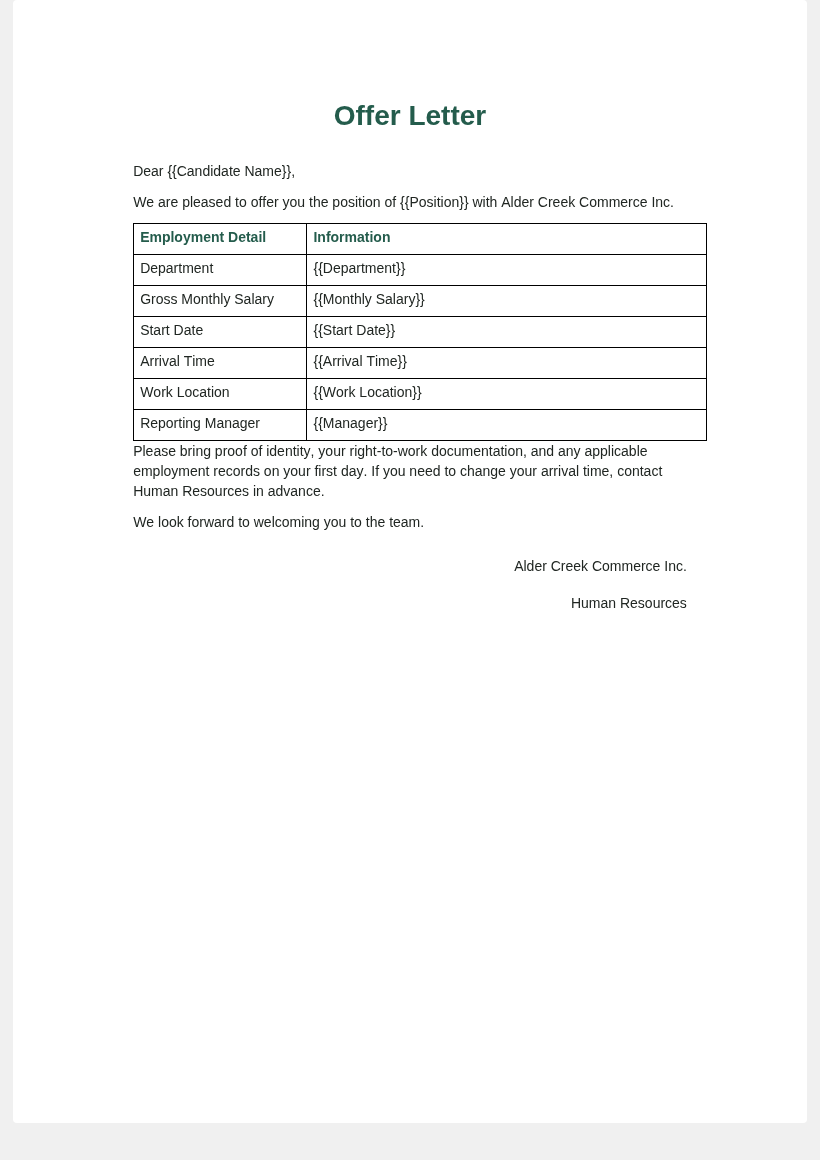Offer letter sample